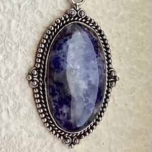 Sodalite Cabochon Pendant Necklace Silvertone 17”